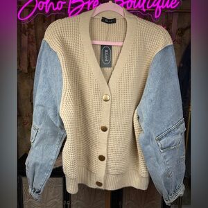 NWT LLoyd button down Sweater w/Denim sleeves-big pocket on each sleeve.